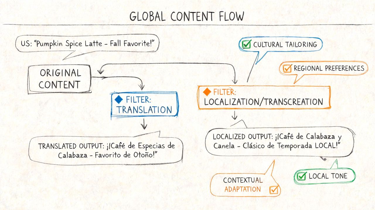 A diagram illustrating the global content flow comparing basic translation with localization and transcreation processes.