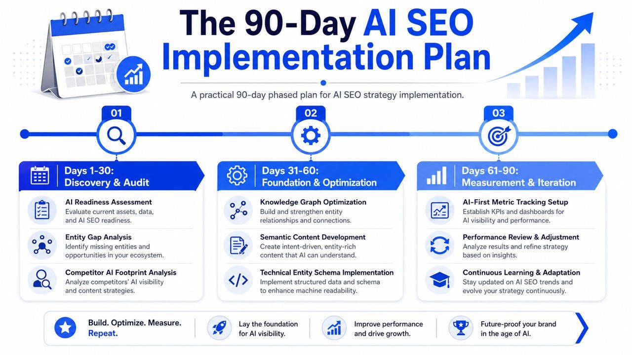 A 90-day AI SEO implementation plan infographic featuring three phases of strategy for artificial intelligence optimization.
