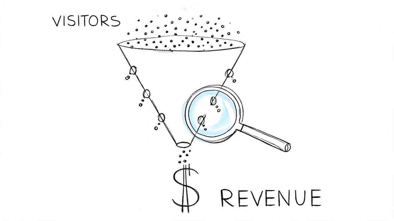 A hand-drawn illustration showing visitors entering a sales funnel, with a magnifying glass inspecting conversion processes.