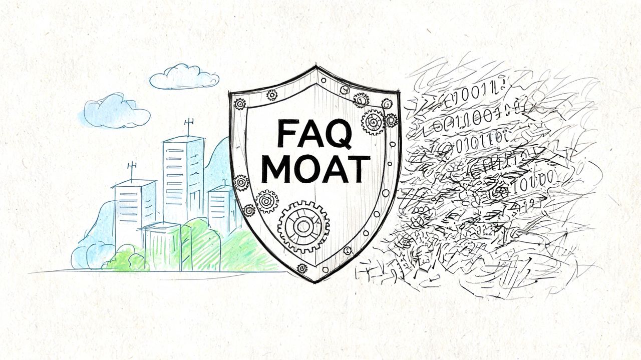 A hand-drawn illustration of a protective shield labeled FAQ MOAT, representing security for web knowledge content.