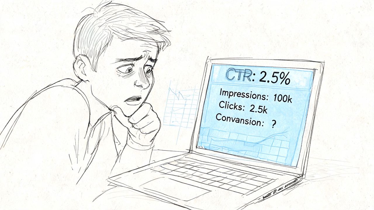 A concerned person looking at a laptop screen showing digital marketing metrics including CTR, impressions, and conversions.