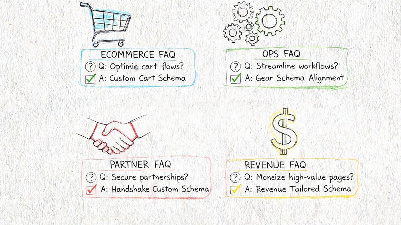 A diagram illustrating various FAQ schema markup use cases for ecommerce, operations, partners, and revenue optimization.