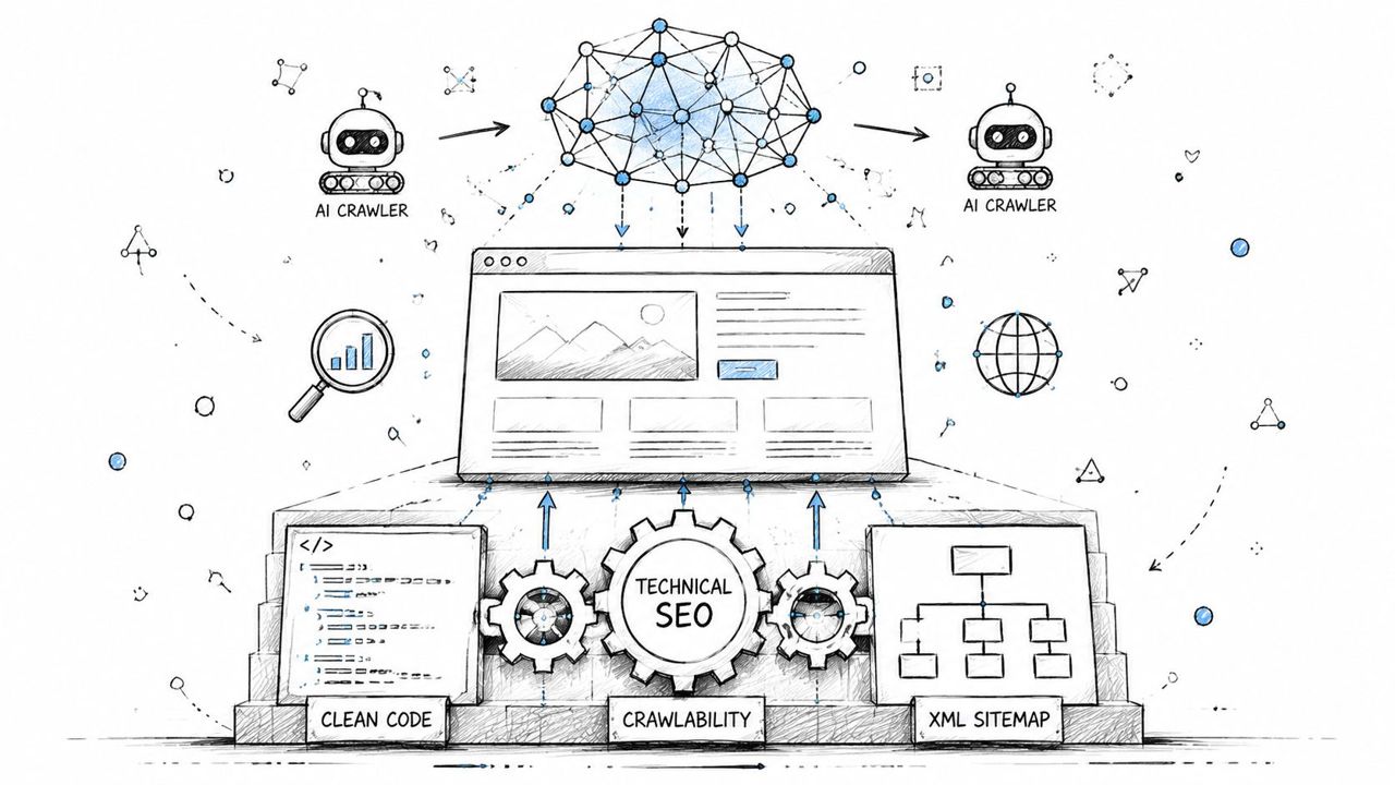 A hand-drawn illustration showing how AI crawlers interact with a website structure and technical SEO components.