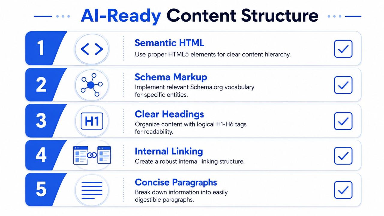 A five-step infographic showing best practices for creating AI-ready content structures for search engine optimization.
