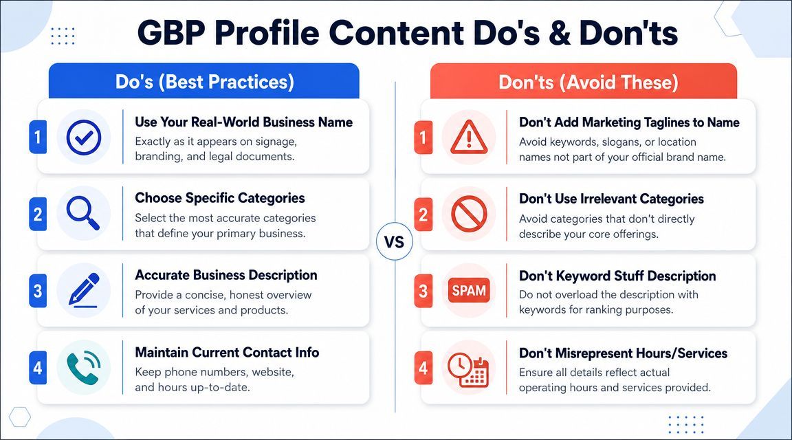 An infographic showing best practices and common mistakes for managing a Google Business Profile listing.