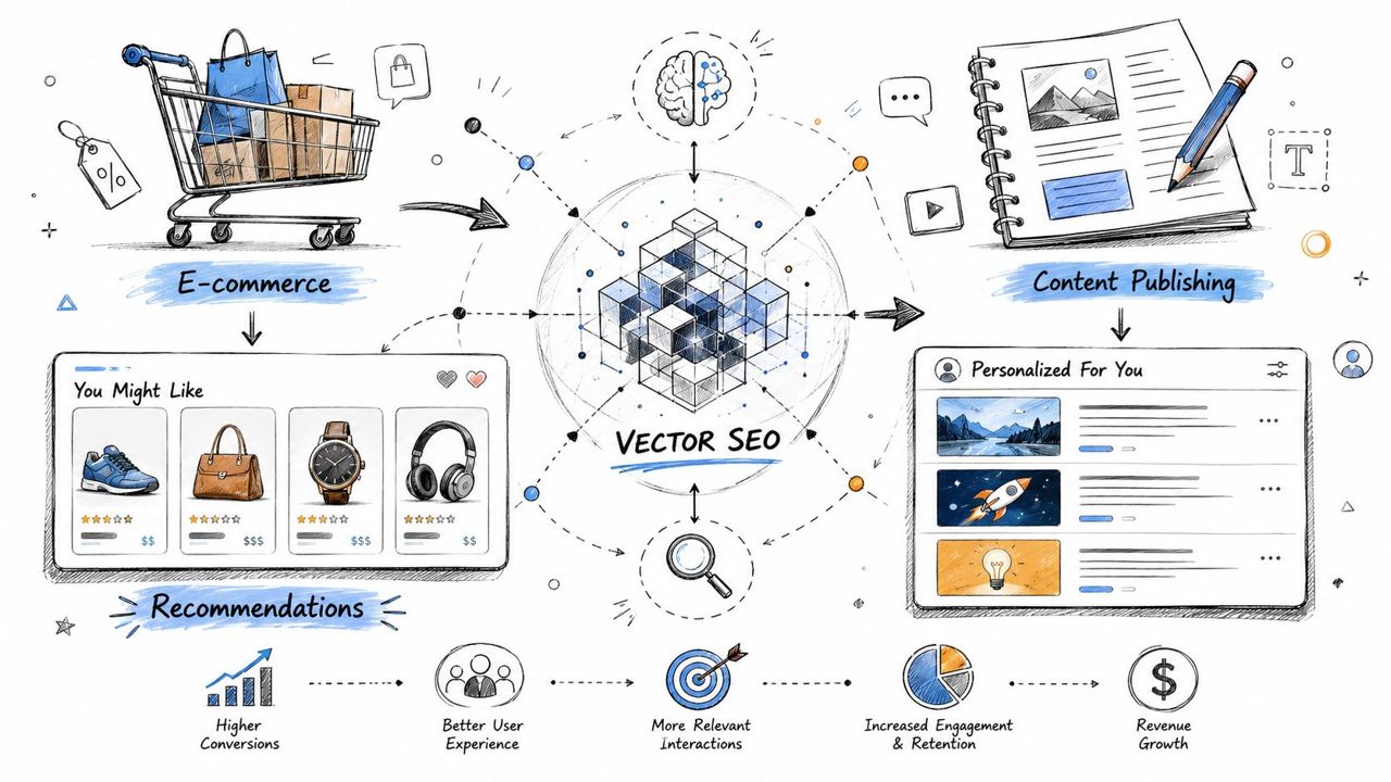 A hand-drawn illustration showing how vector SEO optimizes e-commerce and content publishing for better user results.