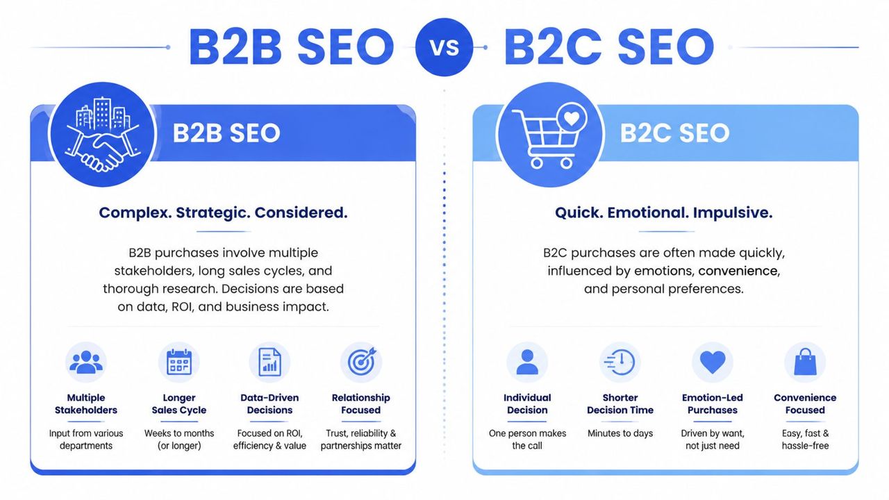 A comparison infographic showing key differences between B2B SEO and B2C SEO business strategies and decision-making processes.