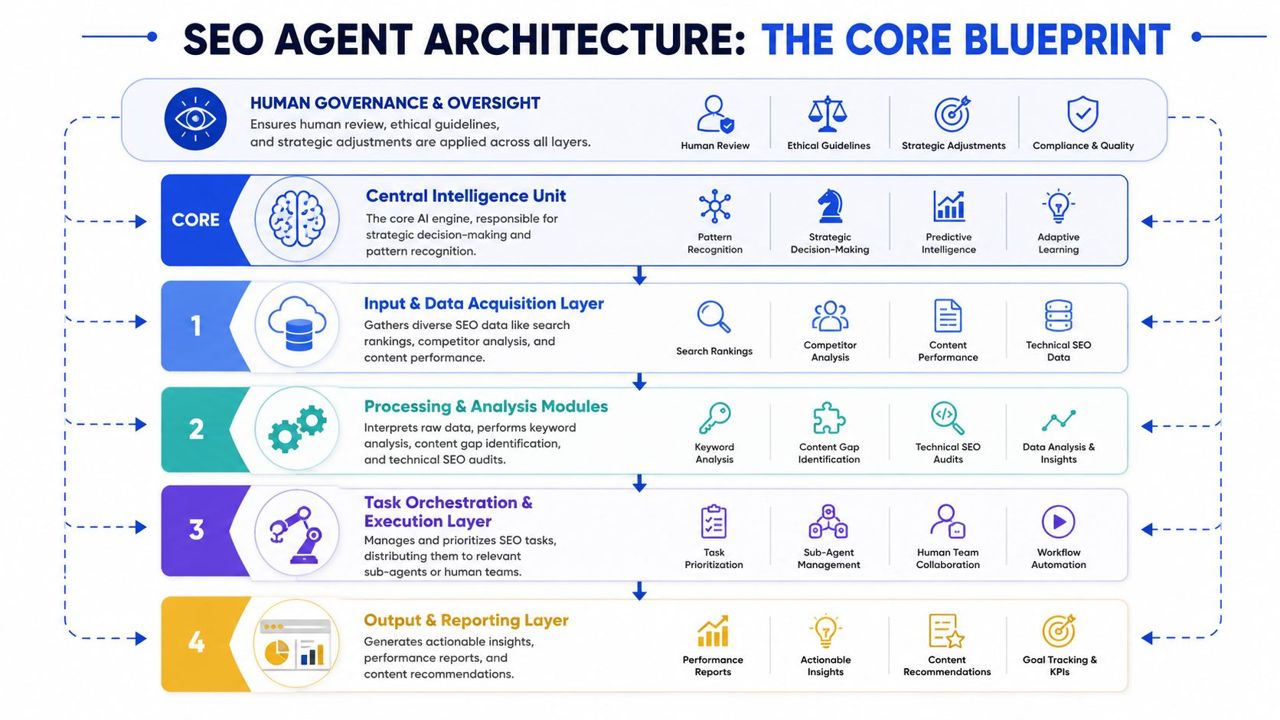 A diagram illustrating the structured layers of SEO agent architecture, from human governance to reporting.