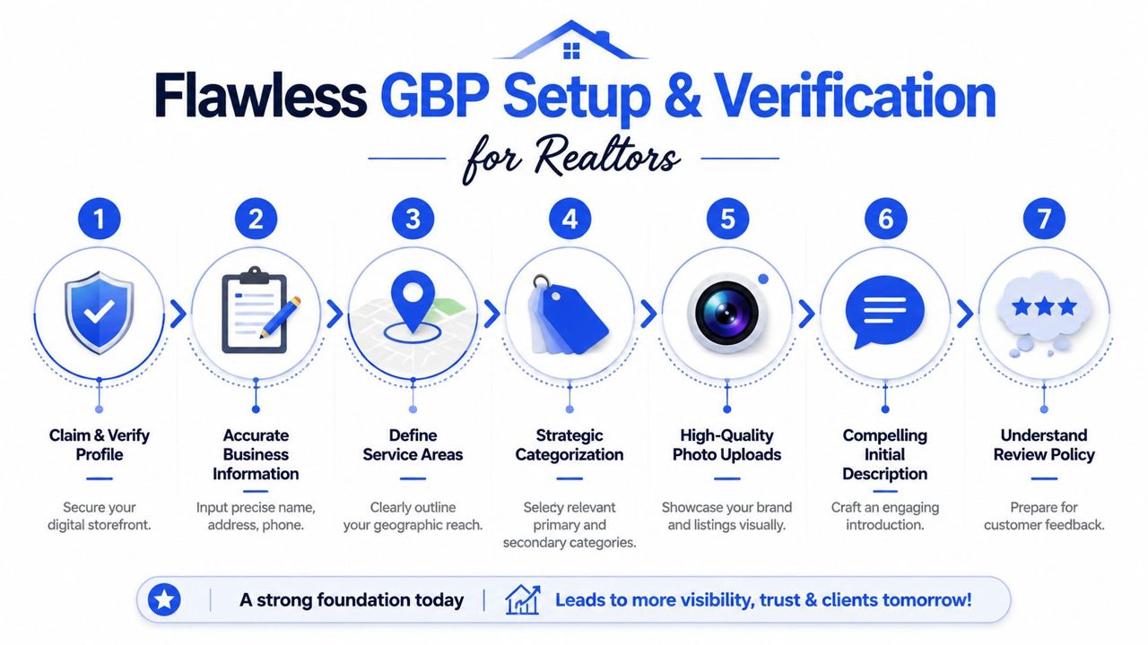 A step-by-step infographic titled Flawless GBP Setup and Verification for Realtors, detailing seven essential optimization actions.
