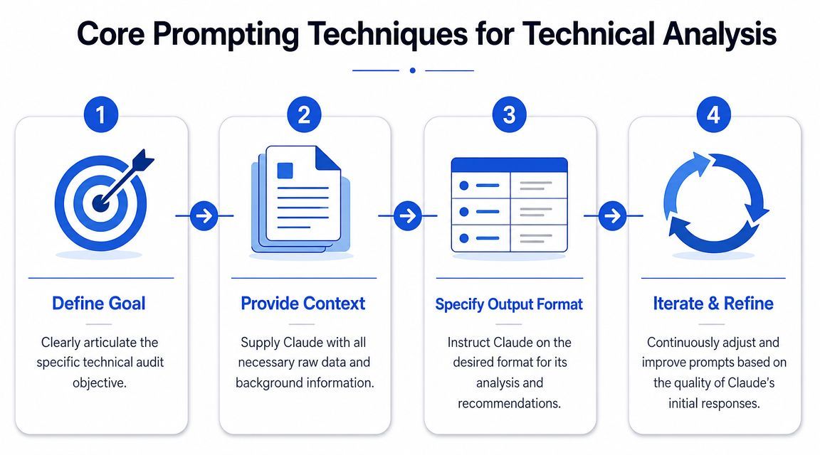 A diagram outlining four core prompting techniques for conducting technical analysis using Claude for SEO audits.
