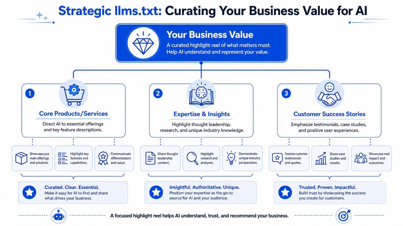A strategic infographic outlining how to curate business value for LLMs to improve AI recommendation accuracy.