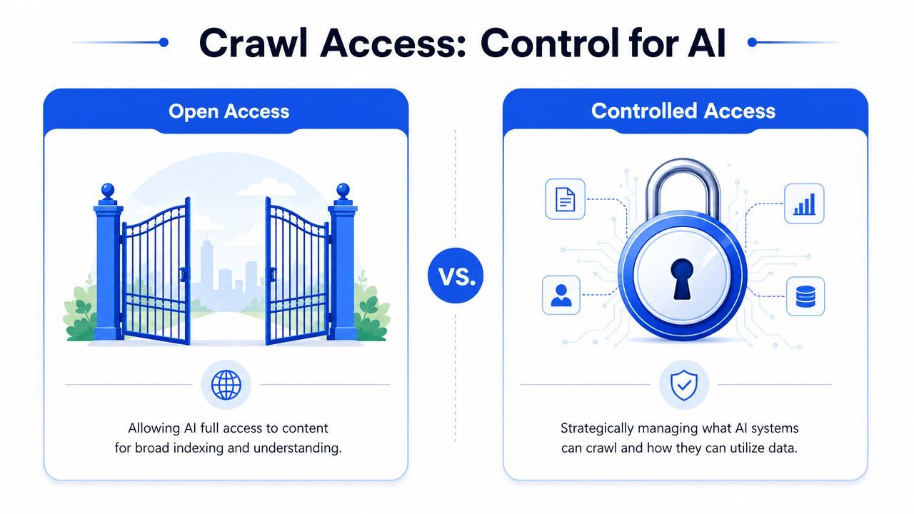 A comparison illustration showing open access versus controlled access for AI web crawling and data management strategies.
