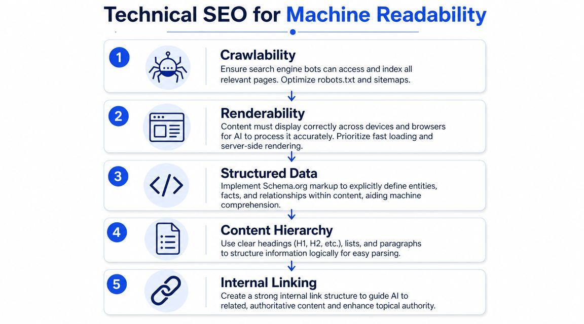 An infographic titled Technical SEO for Machine Readability outlining five key steps for website search engine optimization.