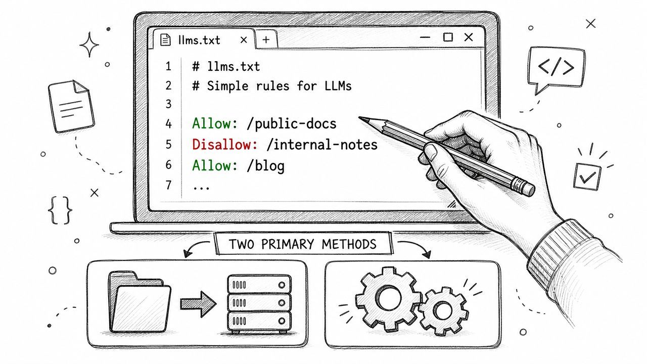 A hand editing an llms.txt file on a laptop screen to set website crawling rules for AI.