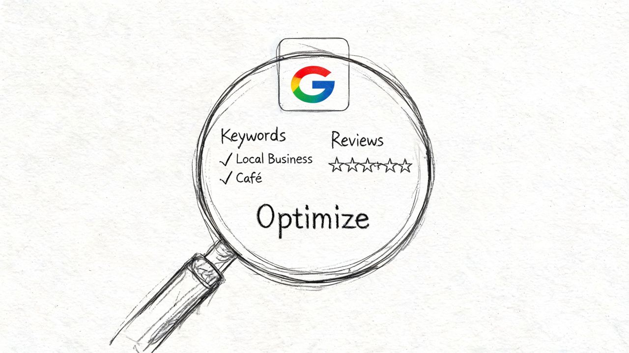 A magnifying glass focusing on Google Business Profile keywords like local business and café and review stars.