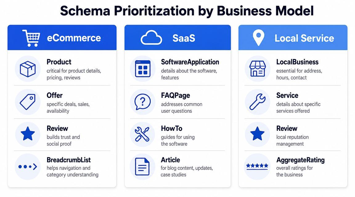A chart illustrating recommended schema markup types prioritized by different business models: eCommerce, SaaS, and Local Service.