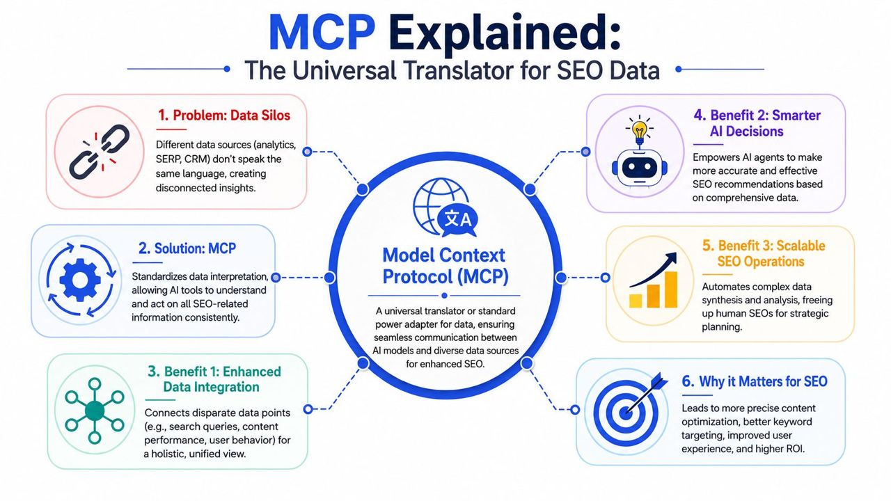 A diagram explaining Model Context Protocol (MCP) as a universal translator for integrating various SEO data sources.