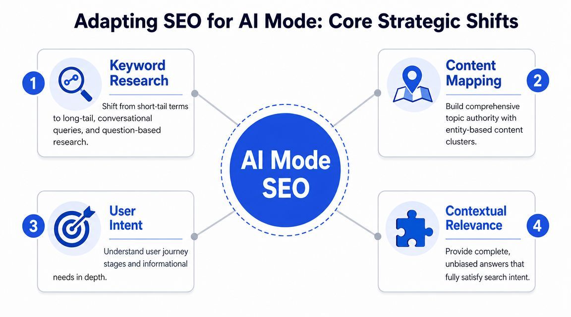 A diagram outlining four core strategic shifts for adapting SEO to AI mode, including research and intent.