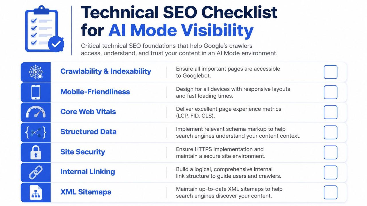 A checklist infographic titled Technical SEO Checklist for AI Mode Visibility, outlining essential website optimization steps.