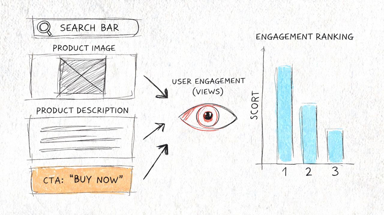 A hand-drawn diagram illustrating how product page elements like images, descriptions, and CTAs impact user engagement scores.